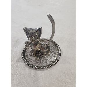 Vintage Mid Century Silver Plated Cat Figurine Ring Holder on Etched Tray 3.5"